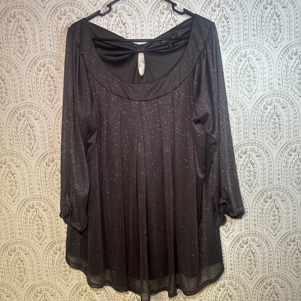 G‎ Collection Women's Plus Size 3X Black Sparkle Glitter Long Sleeve Keyhole